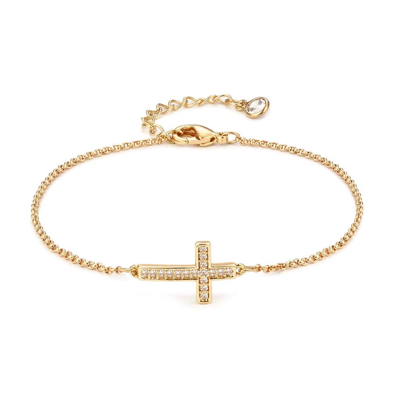 LOYATA Sideway Cross Bracelet Gold Diamond Cubic Zirconia 14K Gold Plated Dainty Chain Simple Jewelry Gift for Women - Image 1